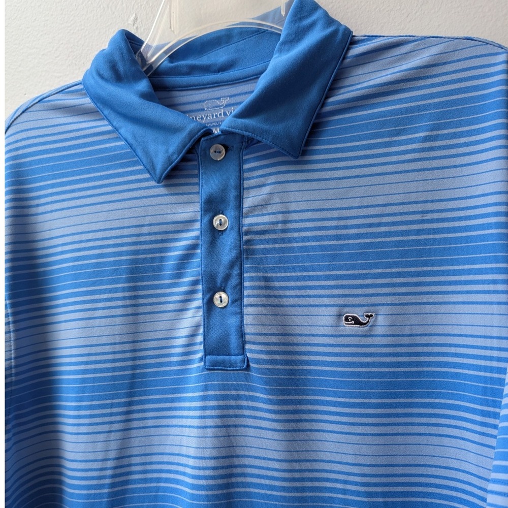 Vineyard Vines Polo Shirt Blue Striped Performance Short Sleeve Med Golf Preppy
